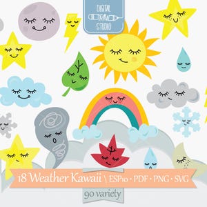 Weather Kawaii Colored | Hand Drawn Star, Moon and Sun Clip Art | Cute Clouds Outline Drawing | Png Svg Eps Pdf