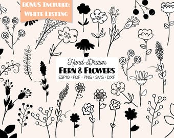 Hand-Drawn Fern & Wild flowers Clipart | Nature, Meadow Plants, Leaves, Branches  | Png Eps Pdf Svg