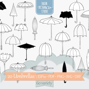 Regenschirm Clip Art | Handgezeichnet Vintage Strand Sonnenschirm Vektorgrafik | Kaputter Regenschirm Umriss Zeichnung | Png Eps Pdf SVG Dxf