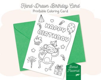 Tarjeta de cumpleaños de mono / Tarjeta para colorear y mantel individual para niños / Descarga instantánea en PDF