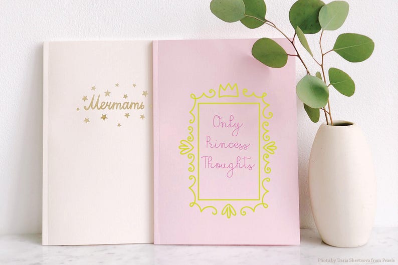 May include: Two notebooks, one light pink and one cream, are displayed. The pink notebook has a yellow frame with the text "Only Princess Thoughts." The cream notebook has gold text and stars. A white vase holds a green plant.
