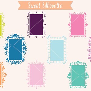 May include: A collection of colorful rectangular frames with decorative borders. The frames are in various colors, including green, purple, pink, blue, and orange. The text "Sweet Silhouette" is at the top.