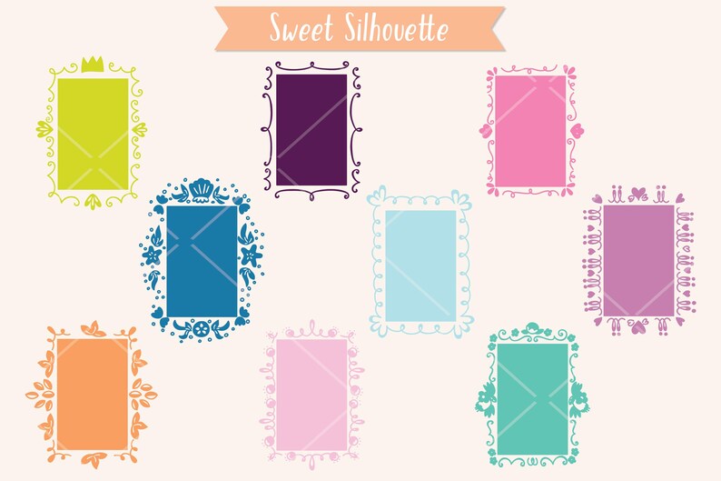 May include: A collection of colorful rectangular frames with decorative borders. The frames are in various colors, including green, purple, pink, blue, and orange. The text "Sweet Silhouette" is at the top.