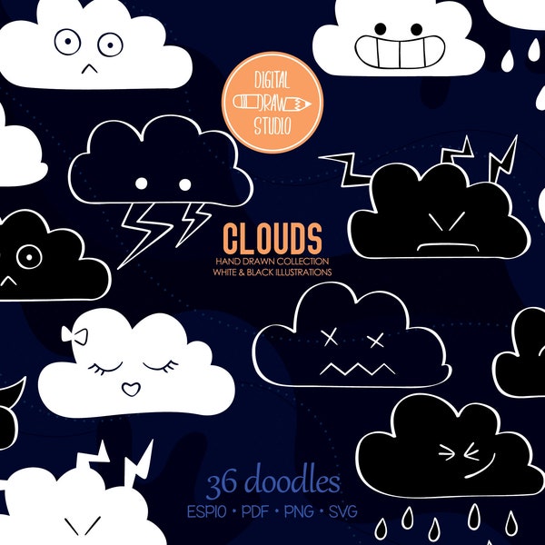 Smiling Clouds | White Lines | Hand Drawn Rainbow + Weather Clip art | Kawaii Moon + Lightning Outline Drawing |Png Eps Pdf Svg