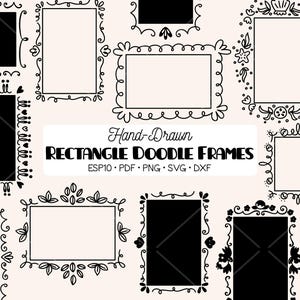 May include: Hand-drawn rectangle doodle frames in black ink on a light beige background. The frames have various decorative designs, including swirls, hearts, and floral elements. The image includes the text "Hand-Drawn Rectangle Doodle Frames".