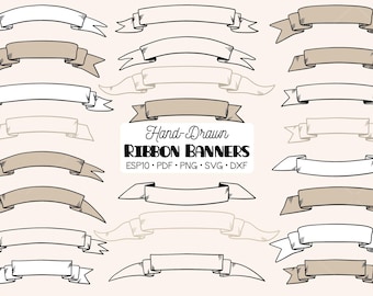 Imágenes prediseñadas de banderines de cintas vintage dibujados a mano / Pergaminos decorativos / Formatos: PNG, SVG, EPS, PDF, DXF