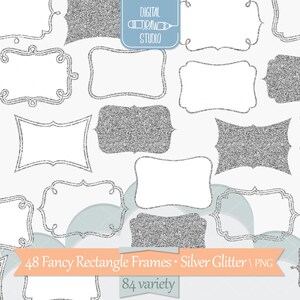 Rechteckiger Rahmen Handgezeichnete Grafik | Silber Glitter Umrisszeichnung | Retro Form & Monogramm Clip Art | Png-Dateien