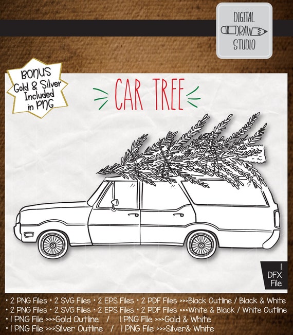 Station Wagon Clip Art Hand Drawn Christmas Tree Car Holiday Illustration Vintage Greeting Car Outline Drawing Png Svg Eps Pdf Dxf