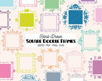 Marcos cuadrados de doodle de colores, clipart / Borde floral dibujado a mano, corona decorativa (PNG, EPS, PDF, SVG)