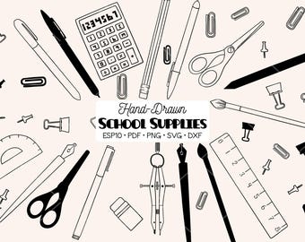 School Supplies Clip art, Hand Drawn Stationary, Office (Png, Svg ,Eps, Pdf, Dxf)