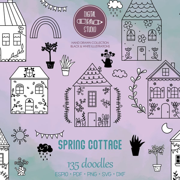 Cottage Clip Art | Hand Drawn houses, Trees, Plants, Sun, Cloud, Rainbow, Moon, & Banners | Png Svg Eps Pdf Dxf