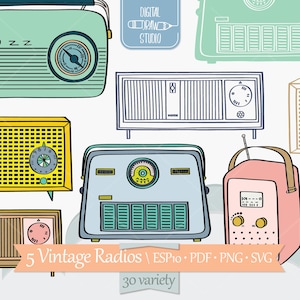 Vintage Radios | Farbige Handgezeichnete Retro Wecker Clip Art | Altes Radio Umrisszeichnung | Png Eps Pdf zwart