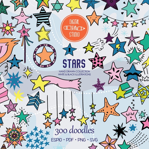 Star Doodles Hand Drawn Graphic | Colorful Constellation, Shooting Star, Garland Outline Drawing | Scribble Shape Clip Art | Png Svg Eps Pdf