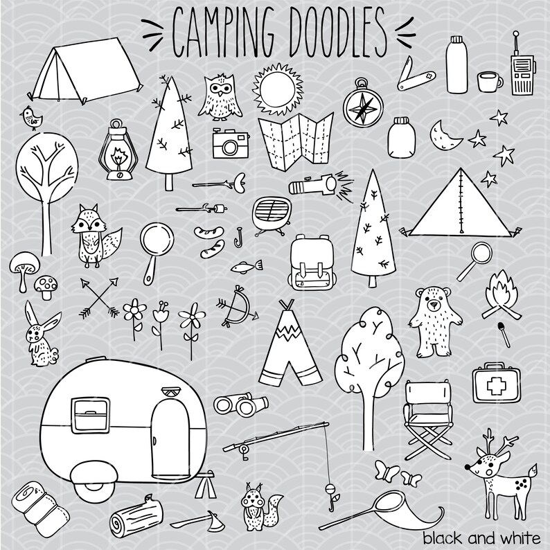 Download Hand Drawn Vintage Trailer Outdoor Woodland Illustration Camp Fire Outline Drawing 60 Camping Clip Art Png Eps Pdf Svg Dxf Fishing Clip Art Art Collectibles Seasonalliving Com