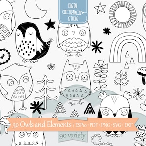 Sowa Doodles Rysowane Ręcznie Grafiki | Pogoda, Skandynawskie Kwiaty Kontur Rysunek | Fantazyjny Clip Art | Png Svg Eps Pdf Dxf