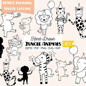 Clipart de animales de la selva dibujados a mano / Garabatos para fiestas de cumpleaños (Png, SVG, EPS, PDF, DXF)