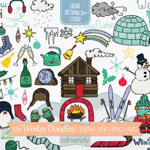 Scarabocchi della stagione invernale / Guanti disegnati a mano + ClipArt di igloo / Pupazzo di neve + Disegno di contorno di pinguino / Png Svg Eps Pdf Dxf