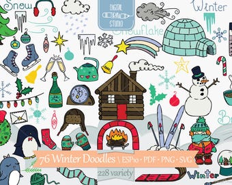 Garabatos de invierno / Manoplas dibujadas a mano + Clip Art de iglú / Muñeco de nieve + Dibujo de contorno de pingüino / Png Svg Eps Pdf Dxf