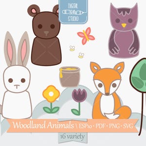 Graphique mignon d'animaux des bois | Clipart de bestioles colorées de la forêt | Renard, ours et hibou Dessin | Png Eps Pdf Svg