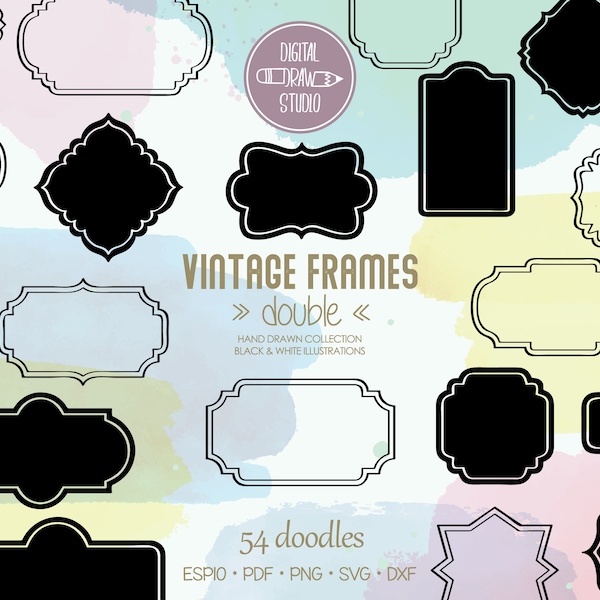 Vintage Double Line Frames | Hand Drawn Border Outline Drawing | Decorative Labels Clip Art | Png Svg Eps Pdf Dxf