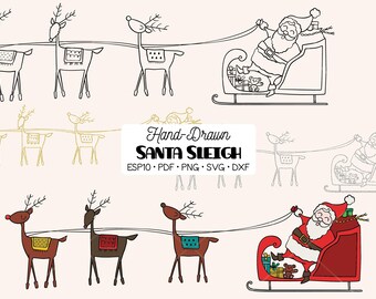 Santa Claus Sleigh & Rudolf Reindeer, Hand Drawn Christmas Clip Art (Png, Svg, Eps, Pdf, Dxf)