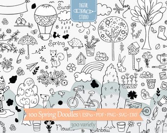 Garabatos de primavera / Jardinería dibujada a mano + Clip Art de insectos / Dibujo de contorno de bicicleta y pájaros / Png Svg Eps Pdf Dxf