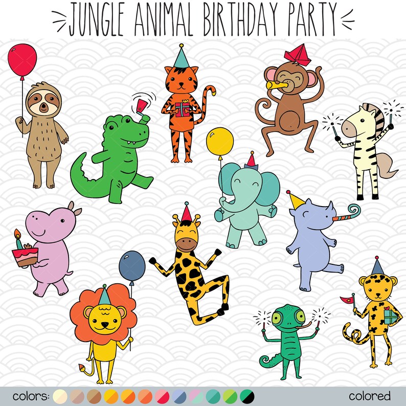 Download Jungle Animal Birthday Party Colored Clip Art Hand Drawn | Etsy