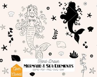 Mermaid Clip Art, Hand Drawn Sea Princess (Png, Svg, Eps, Pdf, Dxf) Eyes Opened