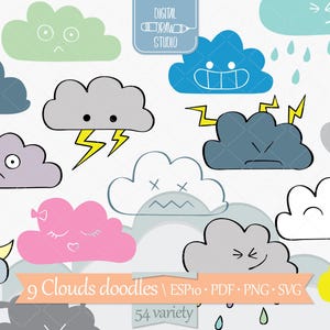 Nuages colorés souriants | Arc-en-ciel dessiné à la main + clipart météo | Dessin contour Kawaii lune + éclair | Png Eps Pdf Svg