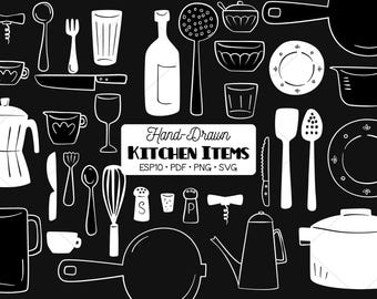Kitchen items Hand Drawn Clip arts, Cooking White Outline Doodles (Svg, Png, Eps, Pdf)
