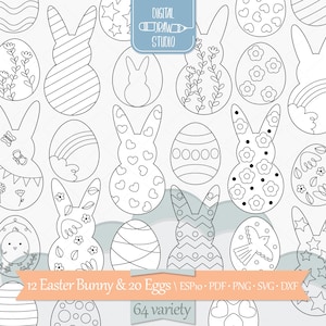 Lapin de Pâques et oeufs à imprimer | Cœur décoré dessiné à la main, fleur, pois, dessin de contour de poussin | Png Svg Eps Pdf Dxf
