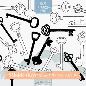Klucze szkieletowe | Ręcznie rysowany wiktoriański klucz Clip Art | Rysunek konturowy zamka serca | Png Eps Pdf Svg Dxf