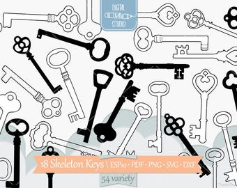 Skeleton Keys | Hand Drawn Victorian key Clip Art | Heart Lock Outline Drawing | Png Eps Pdf Svg Dxf