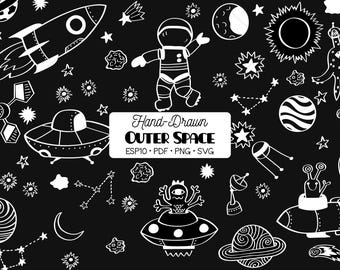 Outer Space Hand Drawn White Clip Arts: Planets, Rocket Ship (Png, Svg, Pdf, Eps)