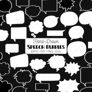 Speech Bubbles Hand Drawn Graphic | White Lines | Comic Book Thinking Bubble Outline Drawing | Exploding Bubble Clip Art | Png Svg Esp Pdf