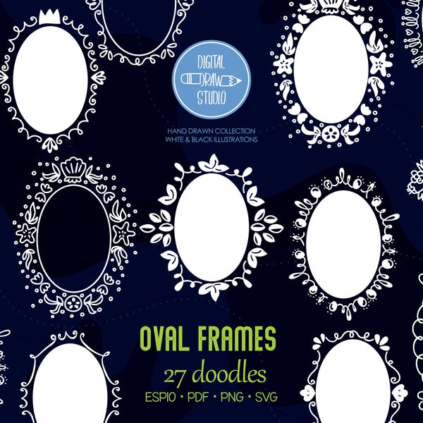 White Oval Doodle Frames | Hand Drawn Floral Border & Decorative Outline Drawing | Princess Wreath Clip art |Png Eps Pdf Svg