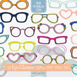 Glasses Colored Clip art | Hand drawn Retro Frames | Eye wear Outline Drawing | Png Eps Pdf Svg