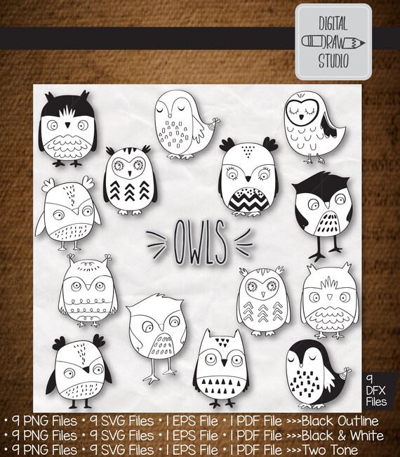 9 Owls Clip Art Hand Drawn Birds Vector Graphics Night Owl Etsy
