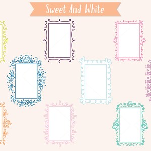 May include: Collection of eight rectangular frames with decorative borders in various colors, including yellow, purple, pink, blue, and orange. The frames have floral, seashell, and heart motifs. The text "Sweet And White" is at the top.