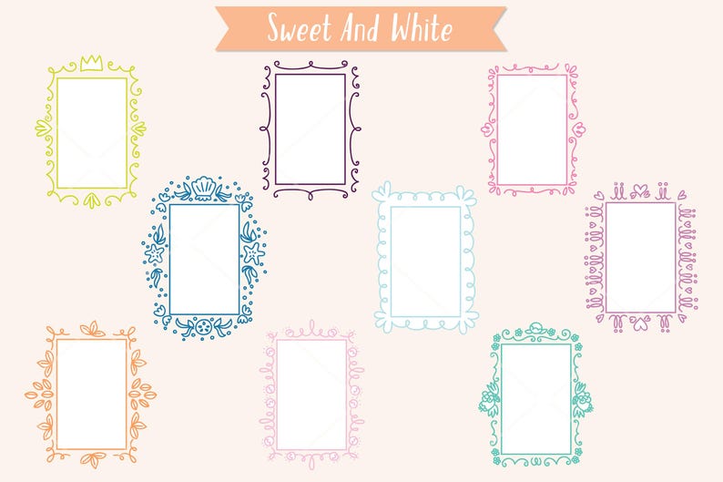 May include: Collection of eight rectangular frames with decorative borders in various colors, including yellow, purple, pink, blue, and orange. The frames have floral, seashell, and heart motifs. The text "Sweet And White" is at the top.
