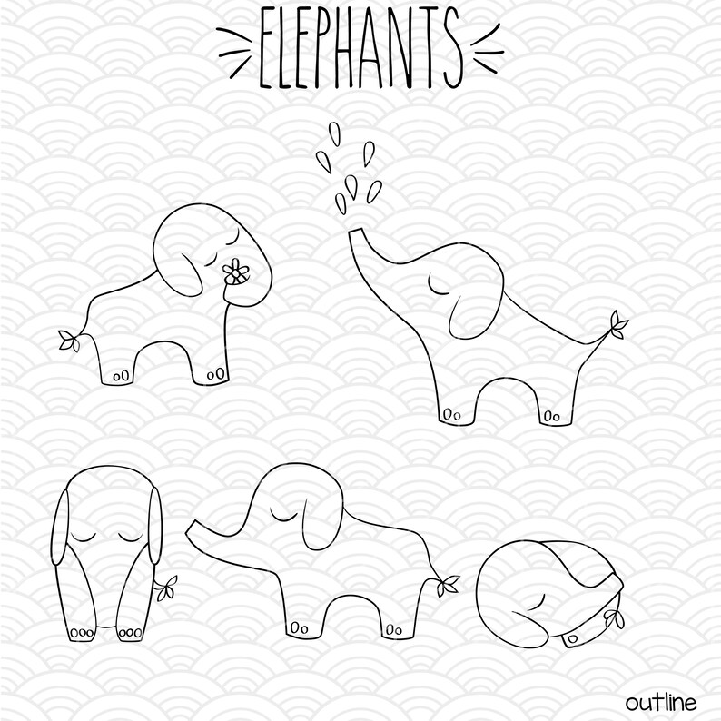 Download Clip Art Hand Drawn Elephants Clip Art Jungle Animal Outline Drawing Bundle Png Svg Eps Pdf Baby Elephant Vector Graphics Illustration Art Collectibles