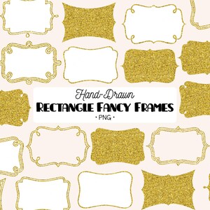 Gold Glitter Rectangular Fancy Frames Clip Art | Hand Drawn Retro Border, Monogram. (PNG Files)