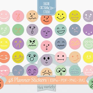 Adesivos de Planejador Emoções | Emojis Kawaii Digitais e Imprimíveis | Ícones de Círculo em Cores Pastel | PNG, Svg, Eps, PDF