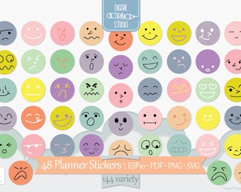 Pegatinas de planificador de emociones / Emojis kawaii digitales e imprimibles DIY / Iconos circulares de colores pastel / Png, SVG, EPS y PDF