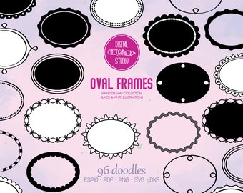 Oval Frames | Hand Drawn Border + Decorative Labels Outline Drawing | Floral Wreaths Silhouette Clip art | Png Svg Eps Pdf Dxf