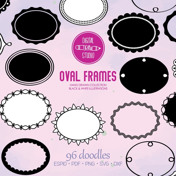 Oval Frames | Hand Drawn Border + Decorative Labels Outline Drawing | Floral Wreaths Silhouette Clip art | Png Svg Eps Pdf Dxf