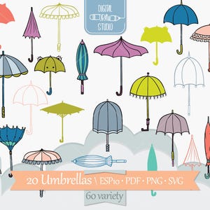 Colored Umbrella Clip Art | Hand Drawn Beach Parasol Vector Graphics | Ruffle Umbrella Outline Drawing | Png Eps Pdf Svg