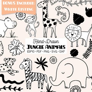 Imágenes prediseñadas de animales de la selva dibujados a mano: león, elefante y cebra (png, svg, eps, pdf, dxf)