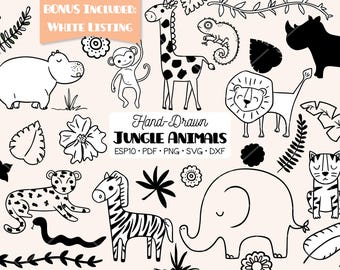 Hand Drawn Jungle Animals Clipart | Lion, Elephant, Zebra (png, svg, eps, pdf, dxf)