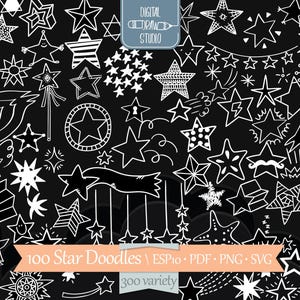 Star Doodles Handgetekende afbeelding | Wit sterrenbeeld, vallende ster, omtrekslinger | Illustraties krabbelvorm | Png Svg Eps Pdf